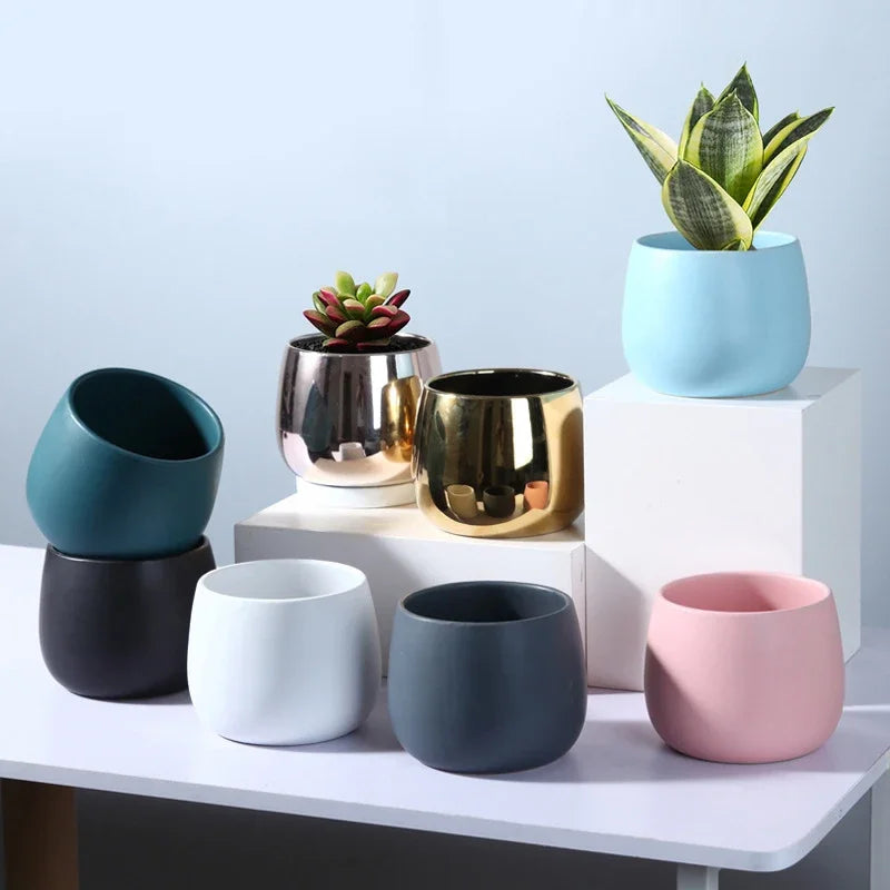 NULL Modern Small Glazed Ceramic Multicolor Round Shaped Desktop Flower Pots Planters /Colors-Colors-Gold/Blue/Pink/Gray/Black/White/Multicolor