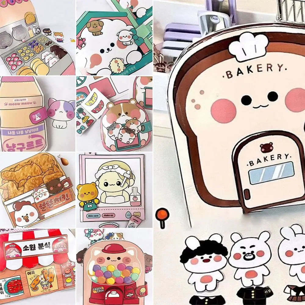 No-EN-Name-Null 6 Styles Handmade Multicolor Cartoon Quiet Waffle Shop-Bakery Shop-Snack Bar-Fried Chicken Shop-Noodle Shop-Bubble Gum Shop Cardboard Paper Books Educational Toys /Colors-Pink/Beige/Multicolor/Ages: 3-12 Years Old