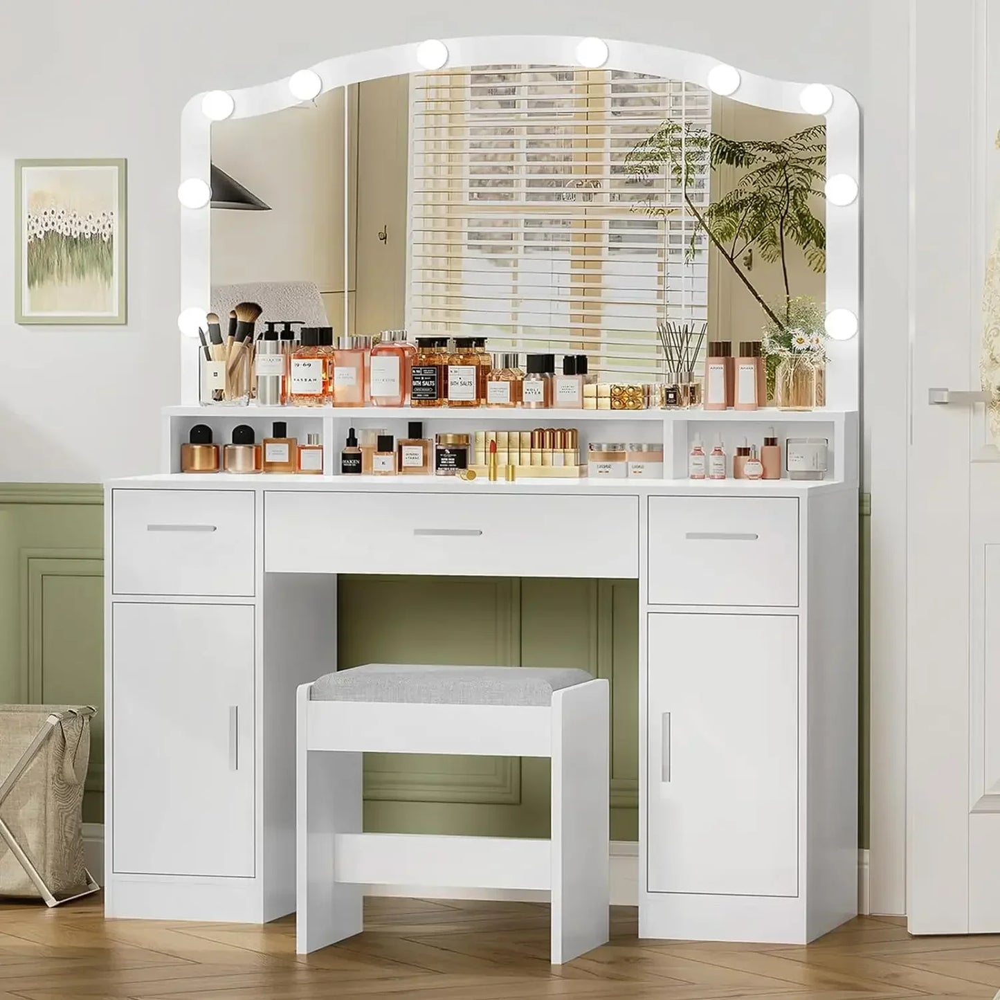 NULL Women White Modern 10 Built-In LED Lights Bulbs Large Mirror Makeup Three Drawers Wood Vanity Desks/2 Side Cabinets/ Long Storage Shelf /Soft Cushioned Stool/Colors-Black/White/Gray