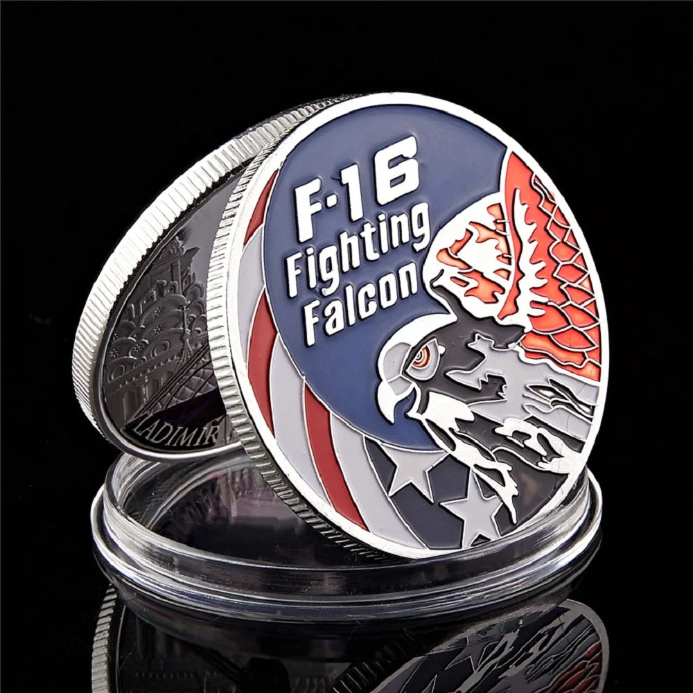 SMJY Uncirculated Mint Red-White-Blue American Gold-Silver Coins US F-16 Fighting Falcon Military USA Air Force United States-China Commemorative Coins/Colors-Silver/Gold/Multicolor/Red/White/Blue