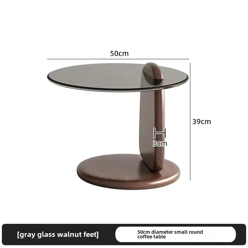 No-EN-Name-Null 2 PCS Modern Brown-Gray Thick High Tempered Glass Round Shaped Tops Solid Oak Rubberwood Three-Legged Design Coffee Table Sets/Easy To Clean/Colors-Gray Glass Tops/Brown Glass Tops