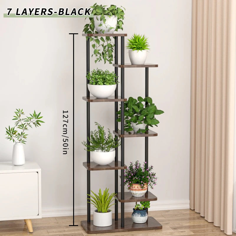 MTSHINING Wood 8 Tier Multi-Layered Shelves Iron Metal Plant Stands/Colors-Black/White,/Brown