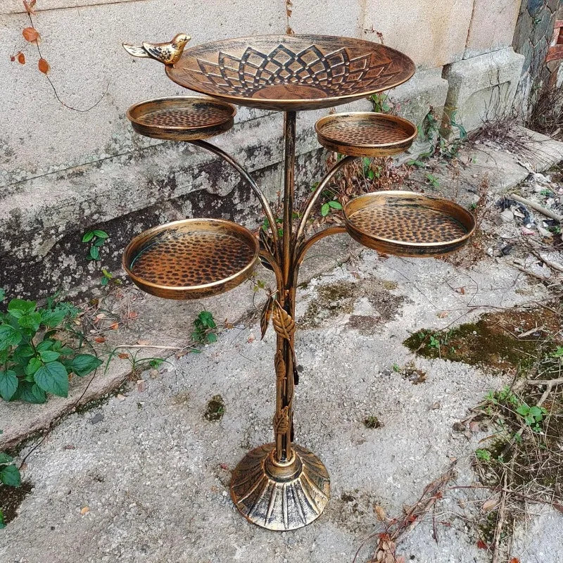 KIQUNE Outdoor Garden Deco Free-Standing Five-In One Antique Bronze Cast Iron Metal Trays-Small Round One Bird-Floral Leaves Base Bird Baths/Colors-Bronze/Gold/Geometric/Floral