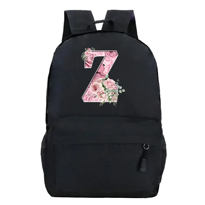 No-EN-Name-Null Waterproof Large Black Softback Nylon Fabric Printed Floral Pink Rose First Name Initial Letter Curved Back Zipper Canvas Lining Built-In Laptop Compartment Shoulder Straps-Handle Zippered External Pockets School Backpacks
