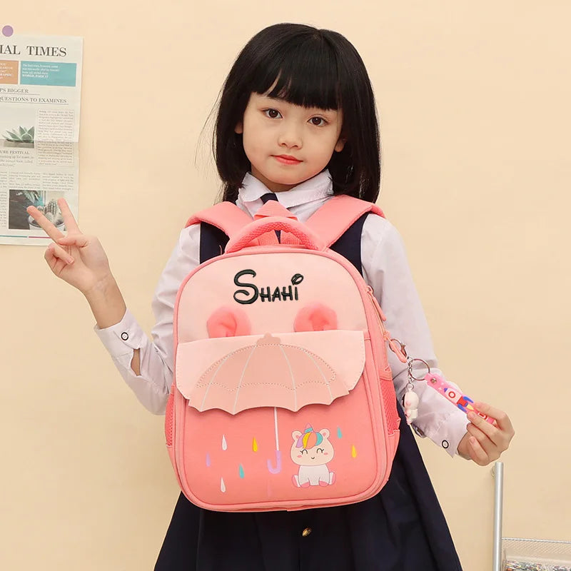 Kids Kindergarten Waterproof Blue Nylon Fabric Exterior Front Flap Pocket 3D Cartoon Animal Umbrella Design Personalized Embroidered Name  Zipper Polyester Lining Straps-Handle School Backpacks/ Phone Pocket/Colors-Pink/Blue/Multicolor