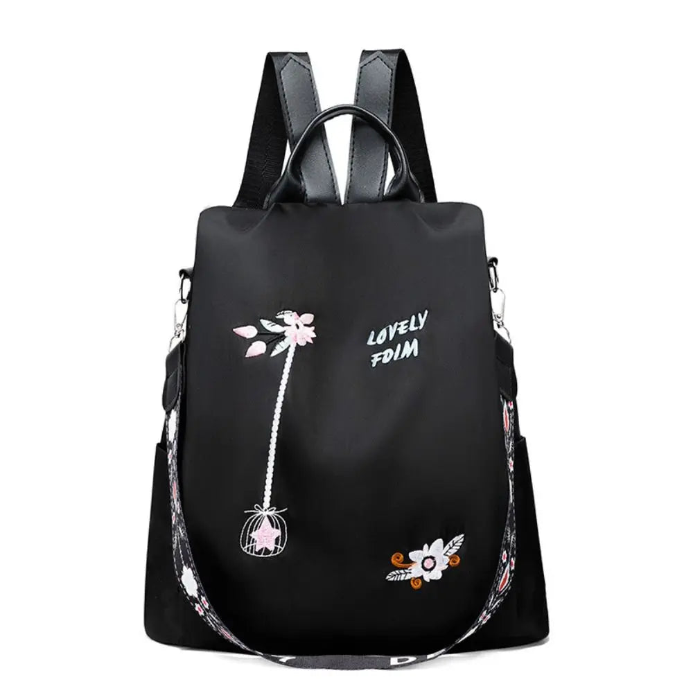 Women Modern Double Zippers Exterior Pockets Waterproof Black Oxford Fabric Floral Embroidered Flowers Design Polyester Lining Two Adjustable Straps-Two Handle Travel Backpacks/Single Compartment/Colors-Black/Pink/Blue