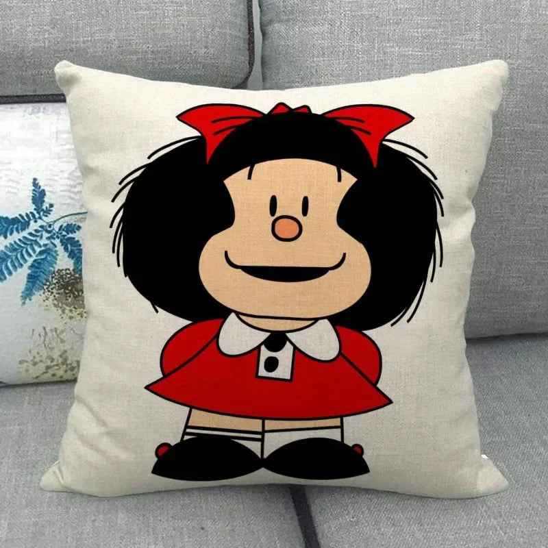 No-EN-Name-Null Customized Multicolor Square Machine Washable Soft Linen-Cotton Fabric Printed Mafalda Pillowcases/ Sizes: 45X45(One Sided)/Colors-Red/Purple/Beige/White/Pink/Blue/Black/Floral/Multicolor
