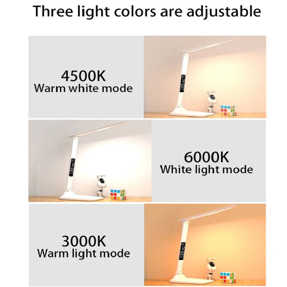 No-EN-Name-Null Smart LCD Display-Temperature-Time-Date Touch Switch Stepless Dimmable Warm-Cool White LED Lights White Plastic Rectangle Shaped Flat Head Long Stem Body-Base Desk Lamps