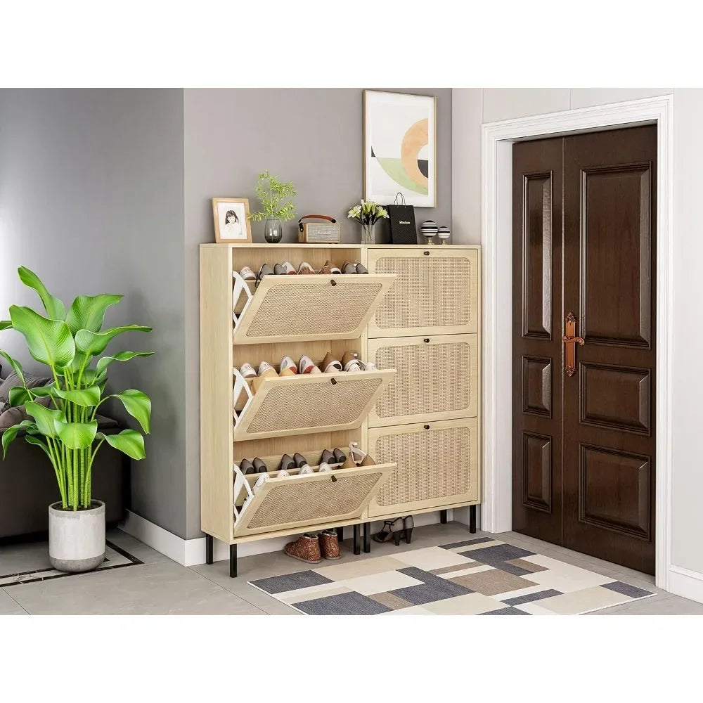 ANGDUO Indoor Beige-Black Natural Rattan 3 Tiers Flip-Out Drawers Free Standing Four Black Metal Feet Shoe Organizers/Product Dimension:9.45"D x 23.6"W x 48.9"H/ Product Weight:41lbs/Assembly Required/Storage Options Also