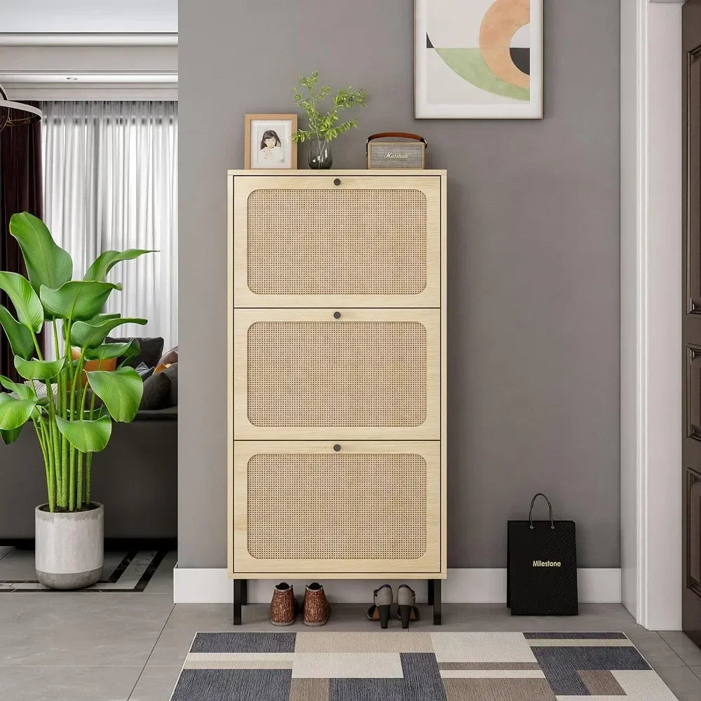 ANGDUO Indoor Beige-Black Natural Rattan 3 Tiers Flip-Out Drawers Free Standing Four Black Metal Feet Shoe Organizers/Product Dimension:9.45"D x 23.6"W x 48.9"H/ Product Weight:41lbs/Assembly Required/Storage Options Also