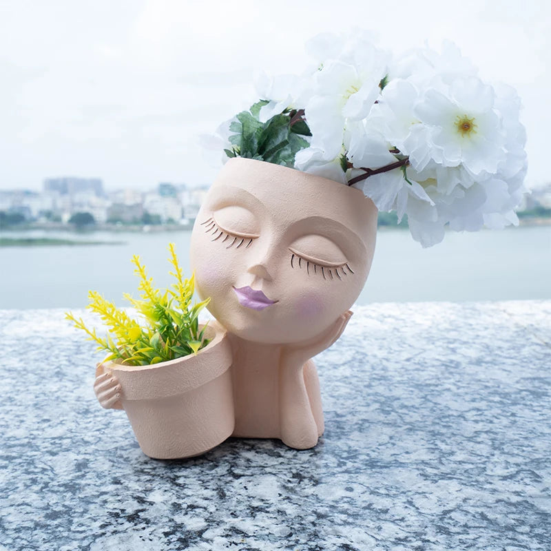 No-EN-Name-Null Indoor-Outdoor Classic Beige Resin Cute Girl Face Handheld Basket Flower Pots Planters/Colors-Beige/White/Gray/Brown/Pink/Multicolor/Floral