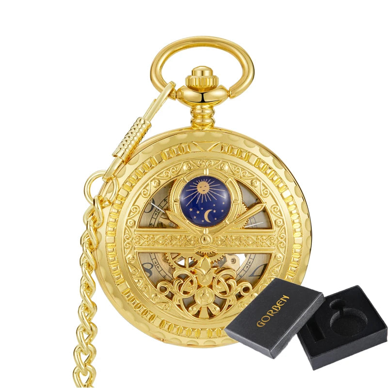 GORBEN Adults Mechanical Hand-Winding Glass Face Black-Sliver-Gold Round Stainless Steel Metal Case Analog Display Hollow-Out Skeleton Dial Blue Night Sky-Half Moon-Stars-Sun Design Analog Display Chain-Pocket Watches/With Box-Without Box