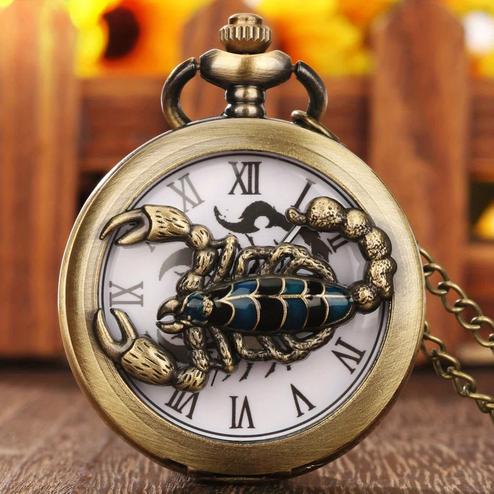 RUNERR Adults Men Vintage Quartz Glass Face Bronze Round Metal Alloy Case Roman Numeral Electronic Drive Mode Scorpion Arachnida Hollow-Out Punk Analog-Digital Display Necklace Chain-Pocket Watches