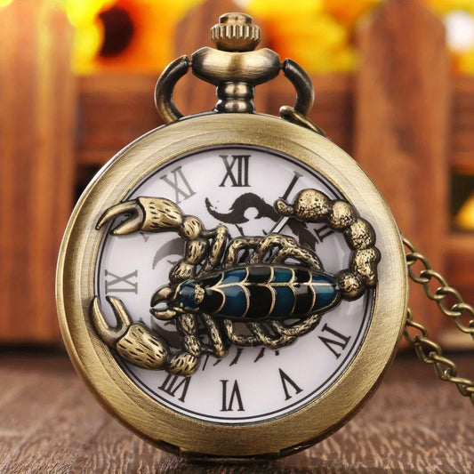 RUNERR Adults Men Vintage Quartz Glass Face Bronze Round Metal Alloy Case Roman Numeral Electronic Drive Mode Scorpion Arachnida Hollow-Out Punk Analog-Digital Display Necklace Chain-Pocket Watches