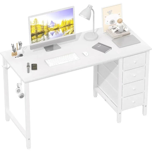 White Modern 2 Iron Side Hooks Free Standing Metal Base Computer Desks-4 Drawers/Dimensions-19.5"D x 47.2"W x 29.5"H