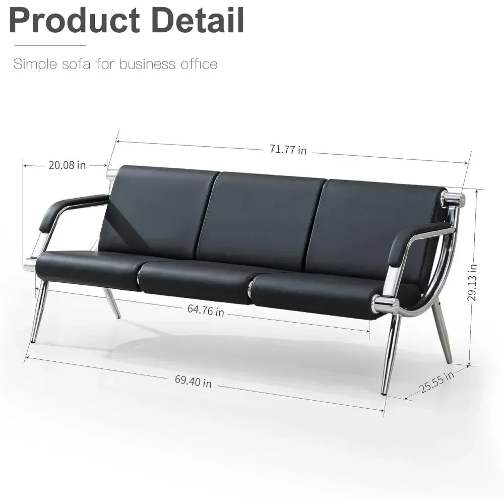 No-EN-Name-Null Black Soft PU Leather Upholstered Padded Foam Cushion Alloy Steel Metal Armrests-Legs Frame Lumbar Support Waiting Room Benches/ Maximum Weight 340 Pounds