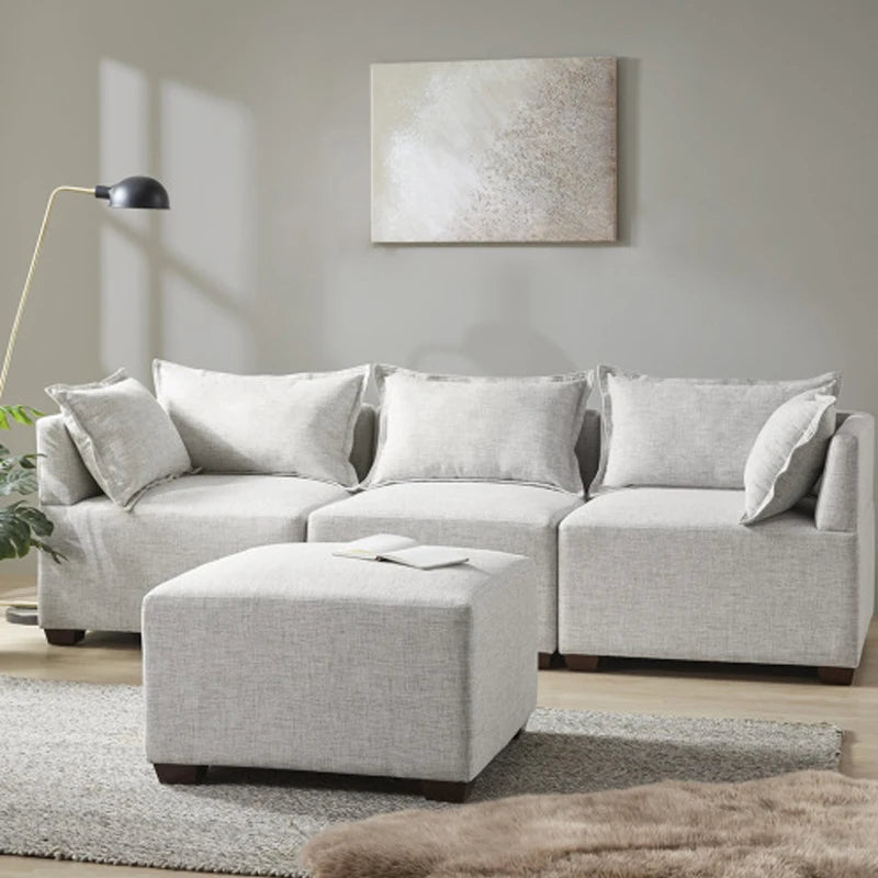 No-EN-Name-Null  Modern Medium Firmness Square Shaped Upholstered Padded Soft Woven Polyester White Ivory-Beige Fabric Cushions Espresso Dark Solid Wood Block Feet OTTOMANS /300 LBS Weight Capacity