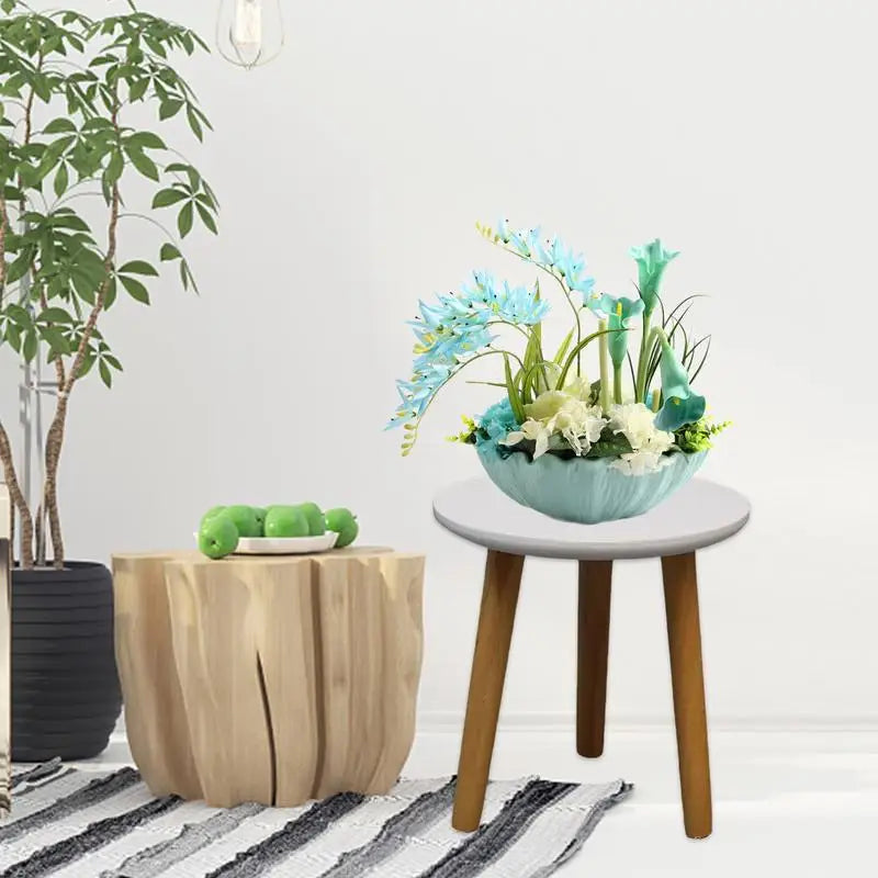 No-EN-Name-Null Indoor Modern Round Shaped Solid Oak Wood White Top 3-Brown Round Legs Tall Plant Stands /Sizes-S/M