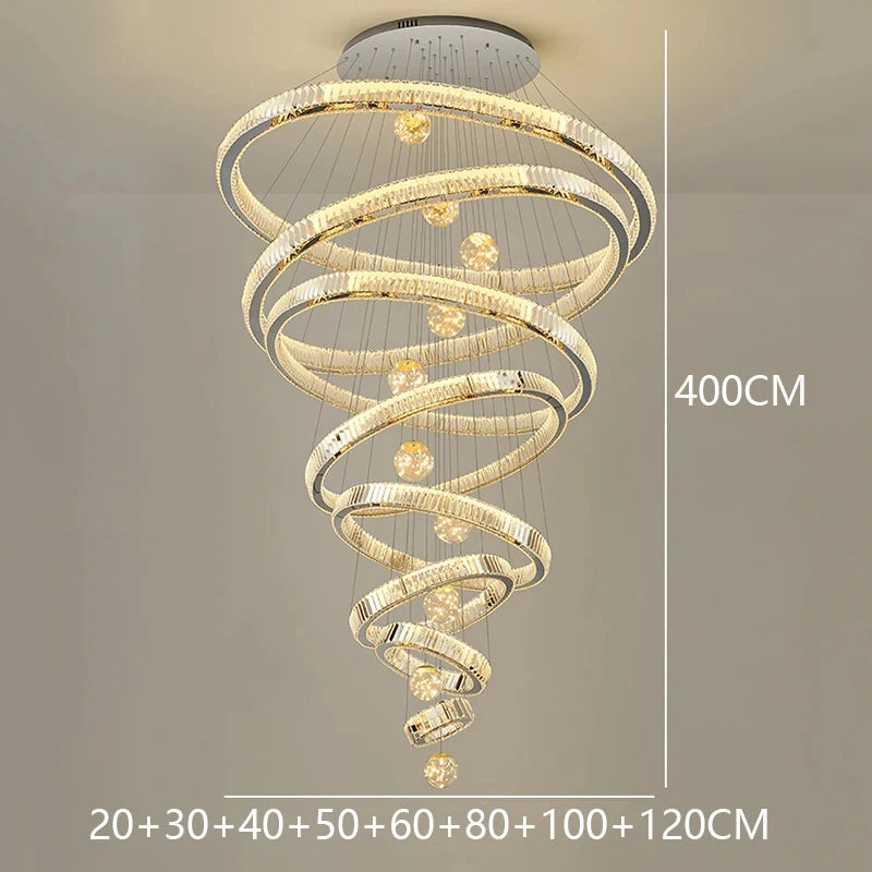 Modern Stainless Steel LED Warm Cool Twisted Ring Cord Pendant Hanging Crystal Chandelier Ceiling Lights/Dimming Remote Control/Touch On-Off/Colors-Gold/Silver