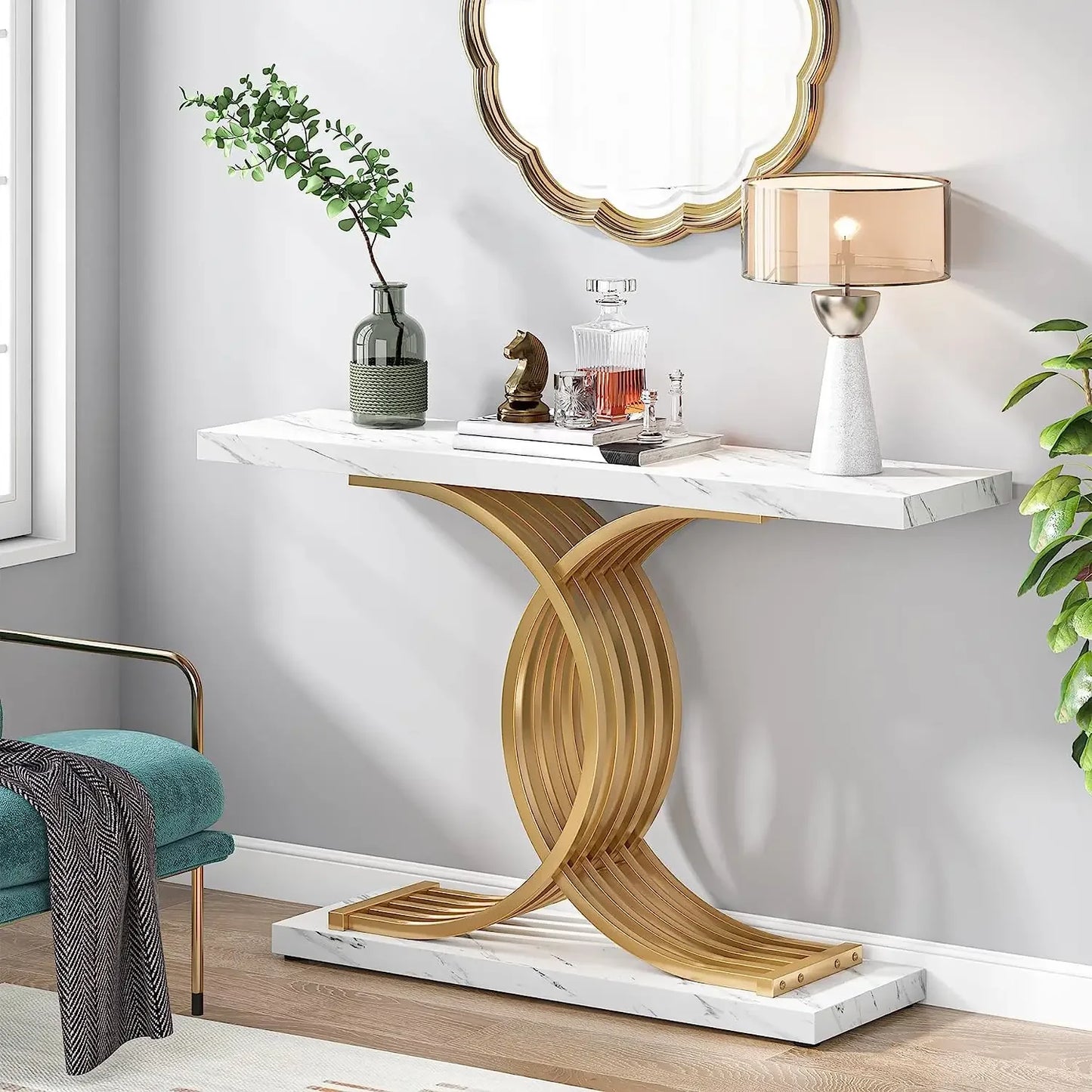 TRIBESIGNS Modern Entryway White Faux Marble Rectangle Shaped Wood Top-Bottom Rectangle Strong Sturdy Wood Base Geometric Gold Metal Frame Narrow Console Tables/Colors-White/Black/Chocolate/Dark Gray