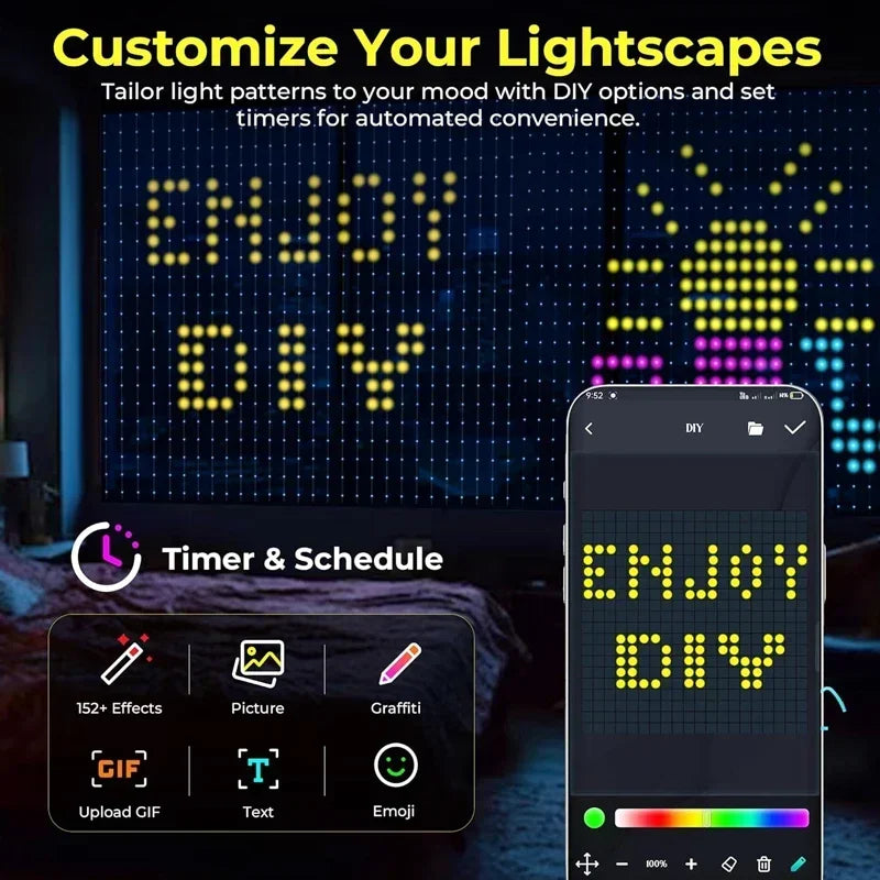 VENUSWING Indoor-Outdoor Waterproof Geometric Multicolor Bedroom DIY Text Remote Control Smart Curtain Lights 400 LED-RGB Light Ropes-Strings Lights