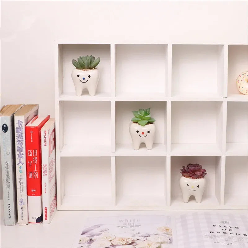 No-EN-Name-Null Home Garden Glazed Porcelain Ceramic Mini Cute White Tooth Shaped Smiling-Frowning Faces Desktop Flowerpots Planters /Colors-White/Black/Pink/Red/Multicolor
