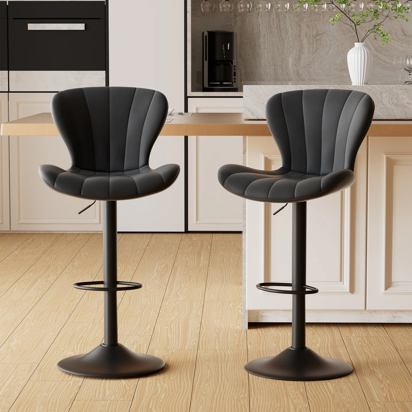No-EN-Name-Null 2 PCS Waterproof Low Backrest Armless Upholstered Padded Shell Shaped Soft Faux Leather Fabric Seat Cushion Black Metal Round Base-Footrest Bar Kitchen-Dining Room Chair Sets /Colors-White/Beige/Gray/Black/Brown