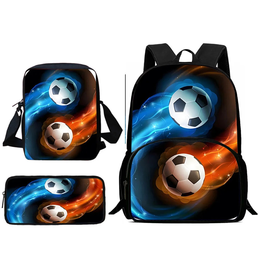 MINISO Kids 3 PCS Large Waterproof Nylon Fabric Zippers Exterior Pockets Printed-Burning Flames Soccer Ball Design Curved Back Shoulder Straps-Handle Sports IPAD Compartment School Backpacks/Color-Black/White/Blue/Multicolor