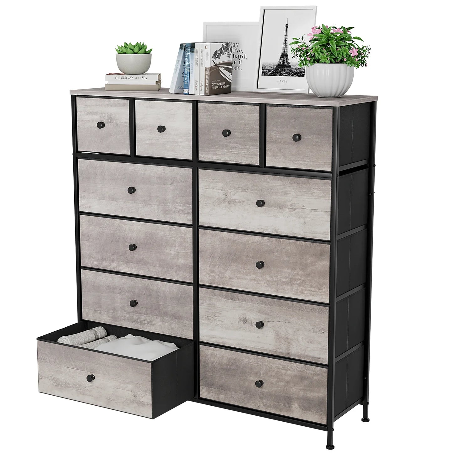 No-EN-Name-Null HOMFA Antique Large Brown Rectangle Shaped Wood Top-12 Drawers Iron Metal Rods Frame Cross-Back Design Free-Standing Tall Fabric Bin Dressers