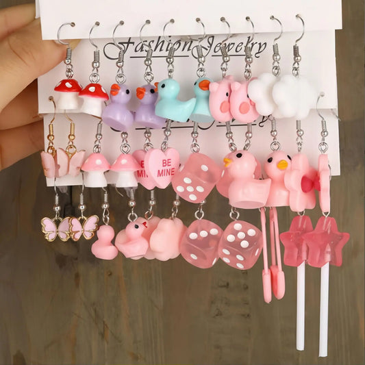 Women Imitation Multicolor Acrylic Cute Funny Cartoon Dopamine Hearts-Duck-Butterfly-Star-Pig Drop Tin Alloy Metal Earrings Sets/Colors-Multicolor/Dots/Animals