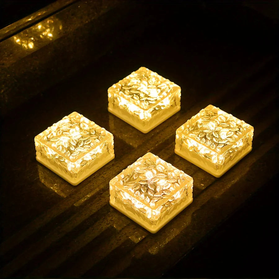 Outdoor Waterproof Light Control Automatic Solar-Powered Charging Day-Night Square Warm White Clear Transparent Ice Cube Brick Design Landscape Pathway Lights/Colors-Clear/White/Yellow/Bulbs Included
