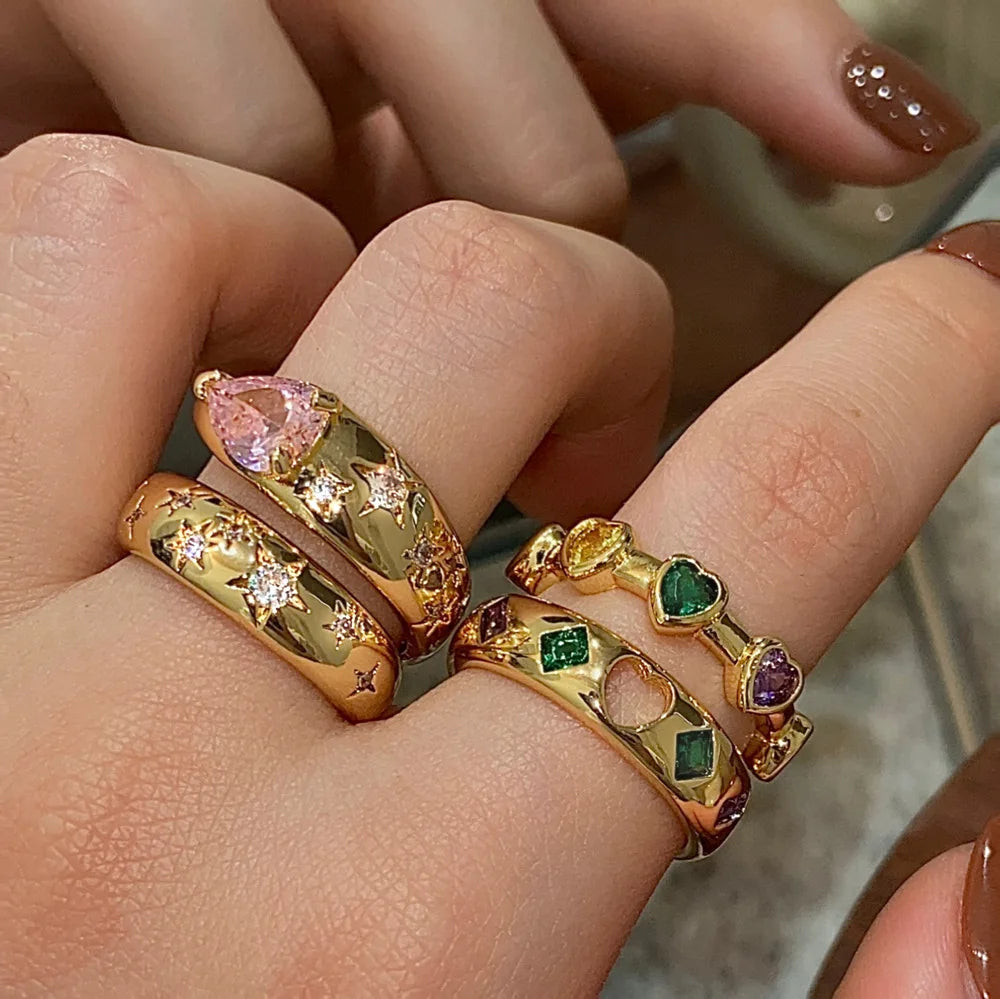 XPEL Adult Women Fine Imitation Stainless Steel 18k Gold-Plated Multicolor Hearts-Diamonds Cubic Zirconia Round Wedding Band Rings/Colors-Green/Gold/Clear/Pink/Multicolor