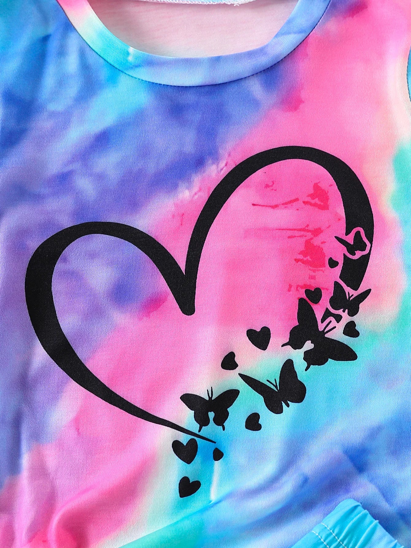 No-EN-Name-Null 2 PCS Preschool Girls Tie-Dyed Multicolor Polyester Fabric O-Neck Pullover Summer Heart Pattern Shorts Sets/Ages: 4-6 Years Old/Colors-Blue/Pink/Multicolor/Tie-Dyed