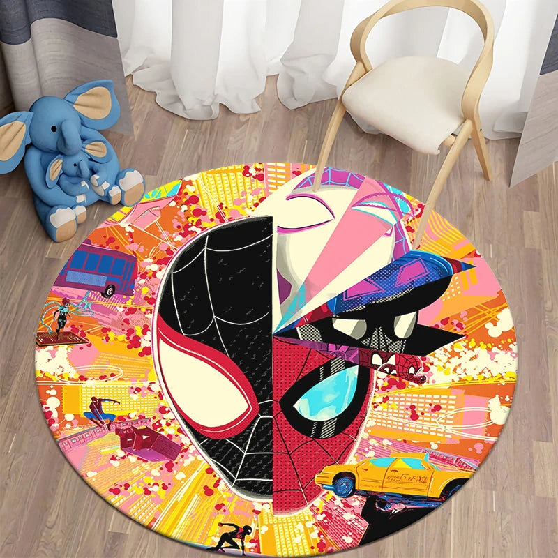 MINISO Round Shaped HD Printed Red Background MARVEL Spider Man Design Anti-Slip Plastic Dots Bottom Fade Resistant Soft Velvet Polyester Fabric RUGS /Colors-Orange/Blue/Red/Multicolor