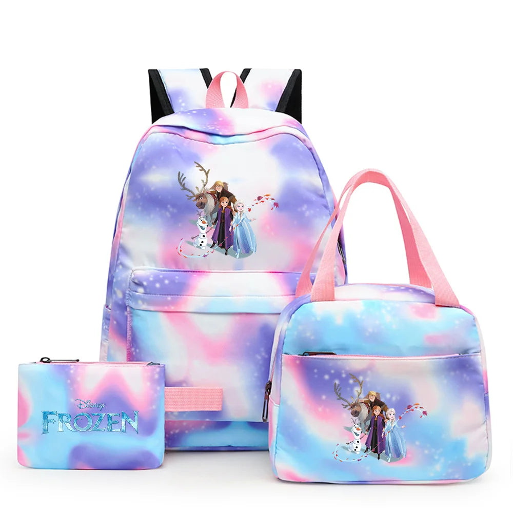 Disney Kids Cute Cartoon Frozen Movie-Elsa-Anna Multicolor Large Waterproof Nylon Fabric Zipper Pockets Shoulder Straps-Handle Single Compartment School Backpacks Sets/ Lunch Bag/Pencil Bag/Colors-Pink/Blue/Multicolor