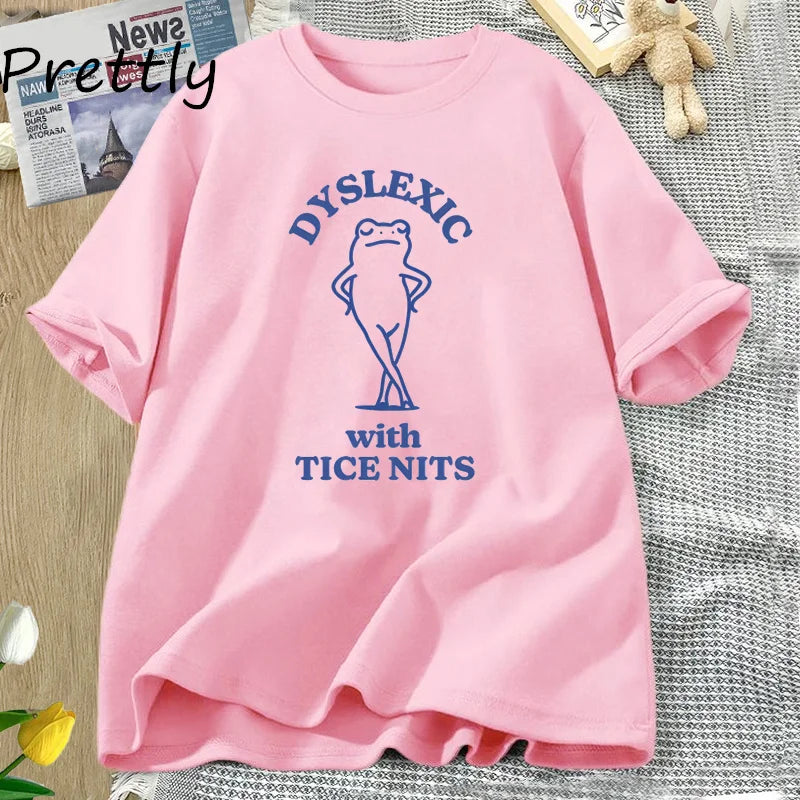 PRETTLY Women Round Neck Saying Dyslexic Tice Nits Funny Cartoon Dyslexia Bear Soft Stretchable Short Sleeve Cotton T-Shirts/Sizes S-3XL In Asian Size/Colors-Beige/Black/Gray/Green/Blue/Yellow/Pink/Red/Multicolor
