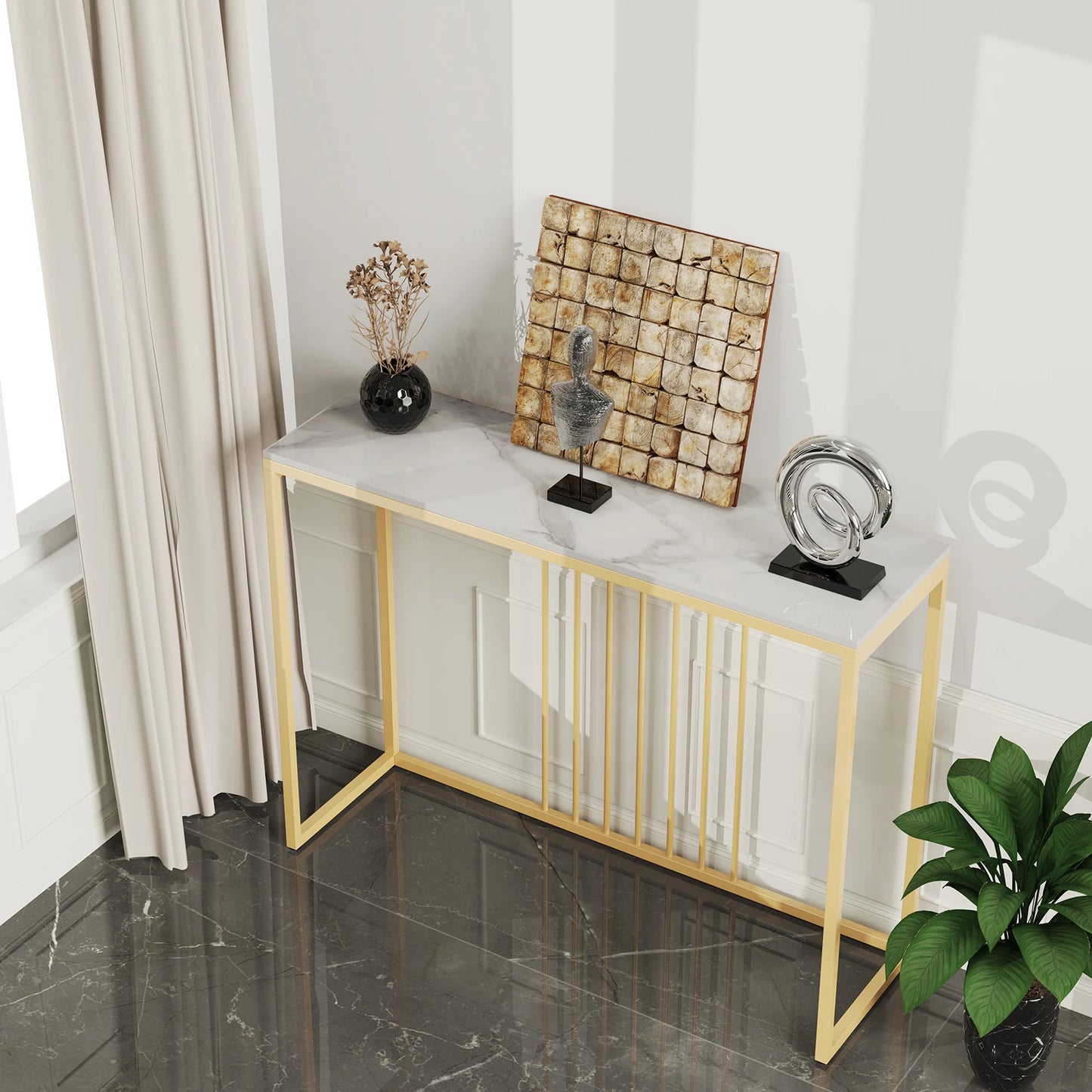 BINGOPAW Modern Nordic Rectangle Shaped Narrow Sintered White Marble Top-Gold Metal Frame Entryway Console Tables/Colors-White Tops/Gold-Black Metal Frame/Size: 39.4 x11.8 x30.9 Inch