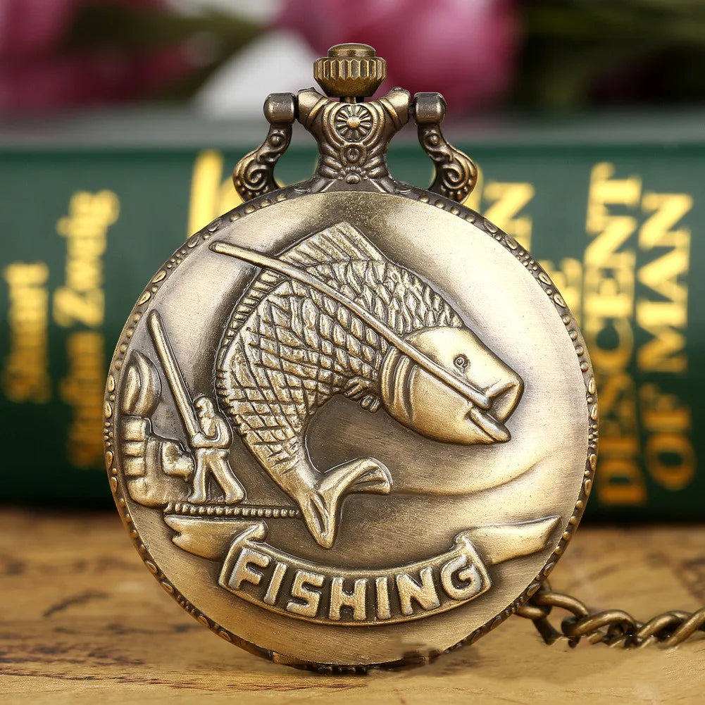 No-EN-Name-Null Adults Antique Quartz Analog-Digital Display Silver-Gold Fisherman Rod-N-Reel Catching A Gold Fish Embossed Text Fishing On Bottom Chain-Pocket Watches/Colors-Yellow/Brown/Orange/Gold/Black/White/Grey/Silver