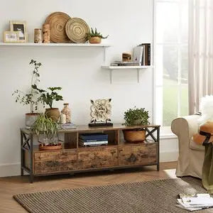 VASAGLE Industrial Adjustable Angle Brown Rectangle Top Black Steel Metal Frame Low Entertainment Centers-TV Stands/ 3 Drawers/ 4 Adjustable Feet/Holds TV Up To 65 Inch/ X-Shaped Struts/ Size: 147 L x 40 W x 50 H cm