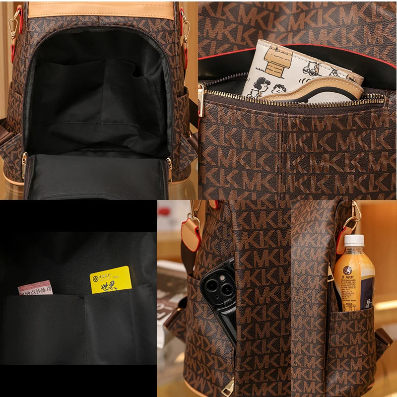 Cartoon trend bear print women backpack, texture anti-theft all-in-one travel backpack, playful bear hanging ornaments