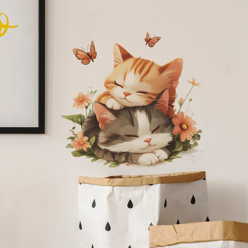 HONC Kids Waterproof Mildewproof Plastic Double-Sided Visual Multicolor Cute Cartoon Sleeping Cats Design Self-Adhesive Floral Butterflies Wall Decals/Colors-Animal/Multicolor