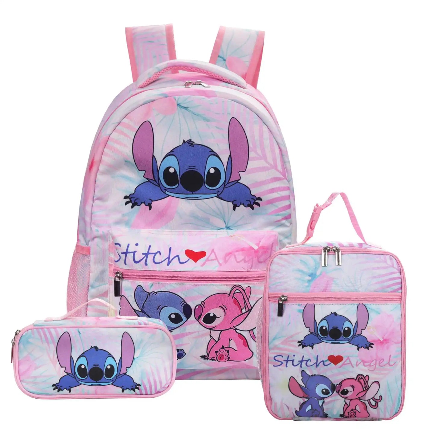 Disney Kids Large 3 PCS Cute Cartoon Stitch Movies-TV Theme Design Pink Polyester Fabric  Shoulder Straps-Handle Zipper Pockets School Backpacks Sets/Pencil Case/Small Accessory Bag/Colors-Multicolor/Pink/Blue