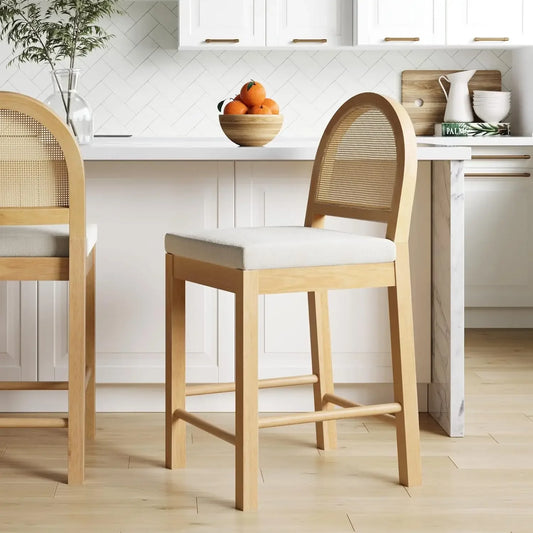 Nathan James Bailey Height Adjustable Rattan Brown Oak Frame Upholstered Boucle Seat  Low Woven Mesh Backrest Bar Stools