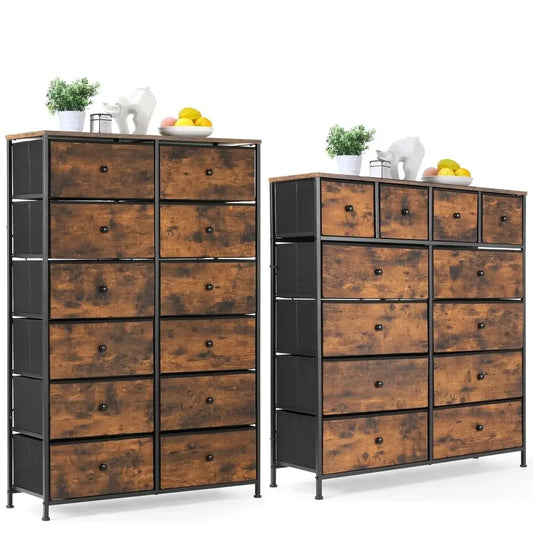 No-EN-Name-Null HOMFA Antique Large Brown Rectangle Shaped Wood Top-12 Drawers Iron Metal Rods Frame Cross-Back Design Free-Standing Tall Fabric Bin Dressers