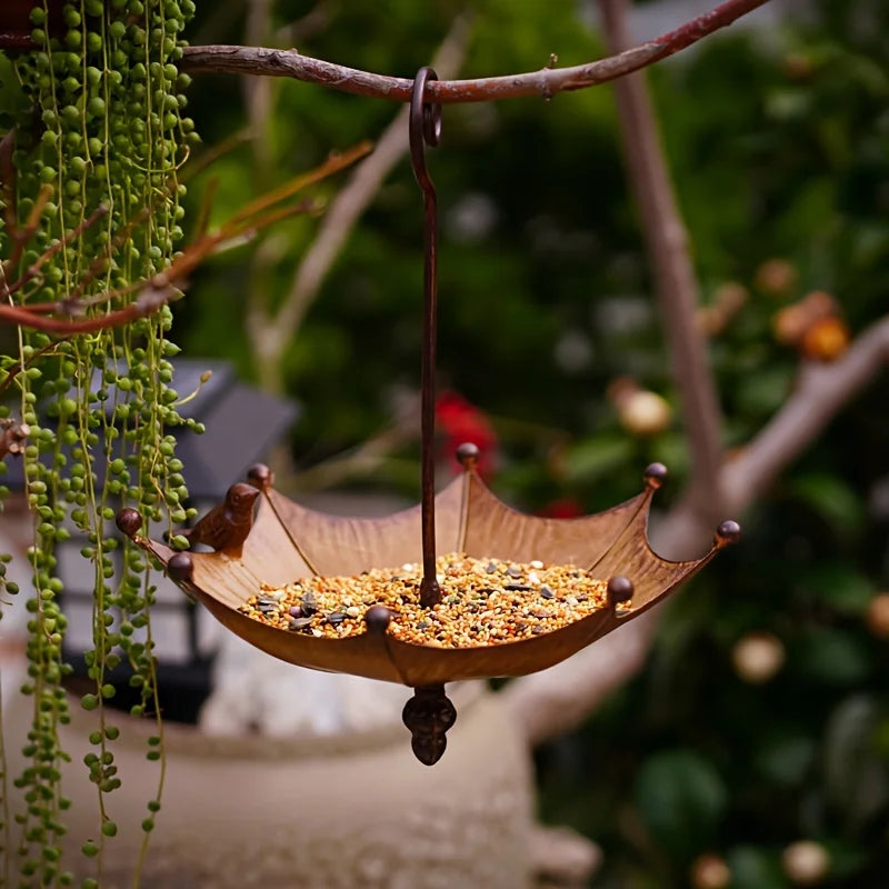 No-EN-Name-Null Modern Art Outdoor Garden Antique Hanging Upside Down Umbrella Shaped Brown Iron Metal Bird Food Tray Bowl-Bird Feeders/ Colors-Brown/Bronze/Silver/Black