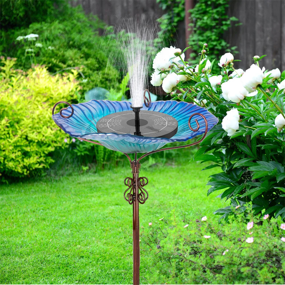 NULL Outdoor Garden Free-Standing Large Floral Blue Glass Bowl-Iron Metal Base Five Prongs Stake Bird Baths/Colors-Blue/Floral/Multicolor