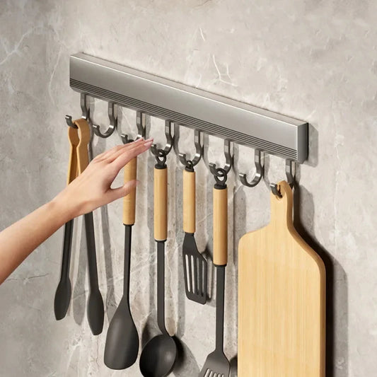 Kitchen Wall Mounted Sliver Gray Aluminum 4-10 Adjustable Inserted Rubber Rings Hooks Utensil Utility Racks/ Use Super Glue-Only Suitable For Smooth Non-Porous Surfaces