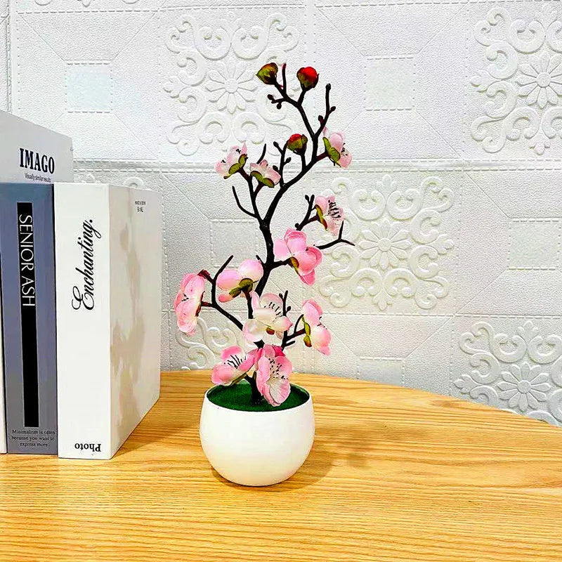 Small Plastic Artificial Realistic Red Bonsai Rosales Flowering Plum Blossom Potted Plants