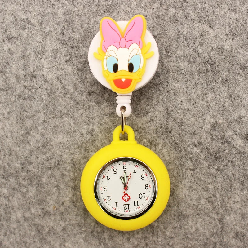MINISO Adults Waterproof Quartz Round Red-Black Rubber Cover Metal Acrylic Case-Face Arabic Numeral Cute Cartoon Couples Minnie-Mickey Mouse-Daffy-Daisy Duck Clip-On Fob Pocket Watches/Colors-Gray/Orange/Gold/Green/Pink/Black/Brown/Blue