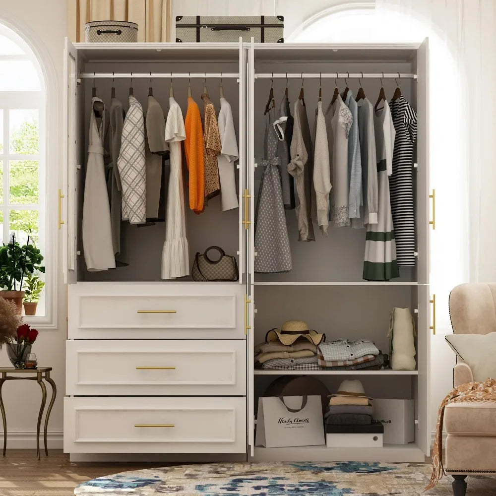 No-EN-Name-Null Modern White MDF Wood Two Glass Doors-Four Doors Three Drawers Shelved Armoires Wardrobes / 9 Metal Handles/3 Shelves/2 Silver Metal Clothes Rods/Dimensions:  L 19.3 x W 63.3 x H 74.9 Inch/Colors-White/Brown/Silver